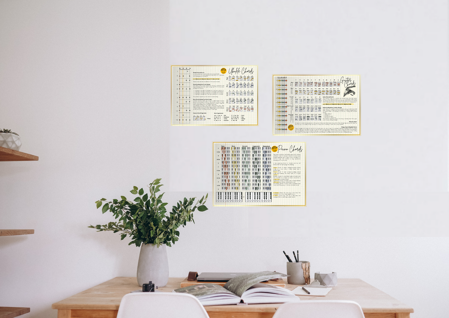 Chord Chart Bundle for Piano, Ukulele & Guitar + Blank Chord Stickers