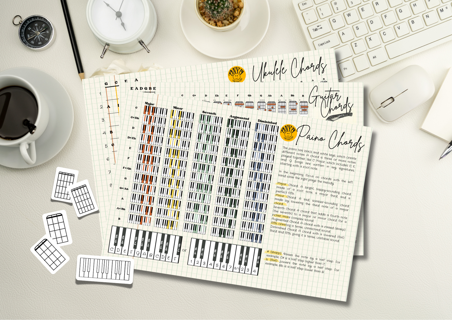 Chord Chart Bundle for Piano, Ukulele & Guitar + Blank Chord Stickers