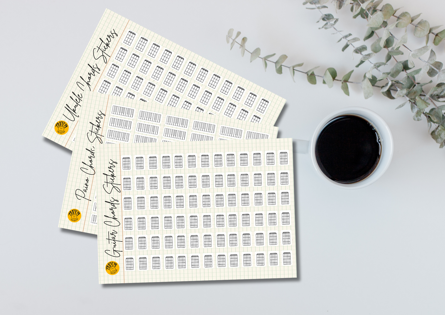 Chord Chart Bundle for Piano, Ukulele & Guitar + Blank Chord Stickers