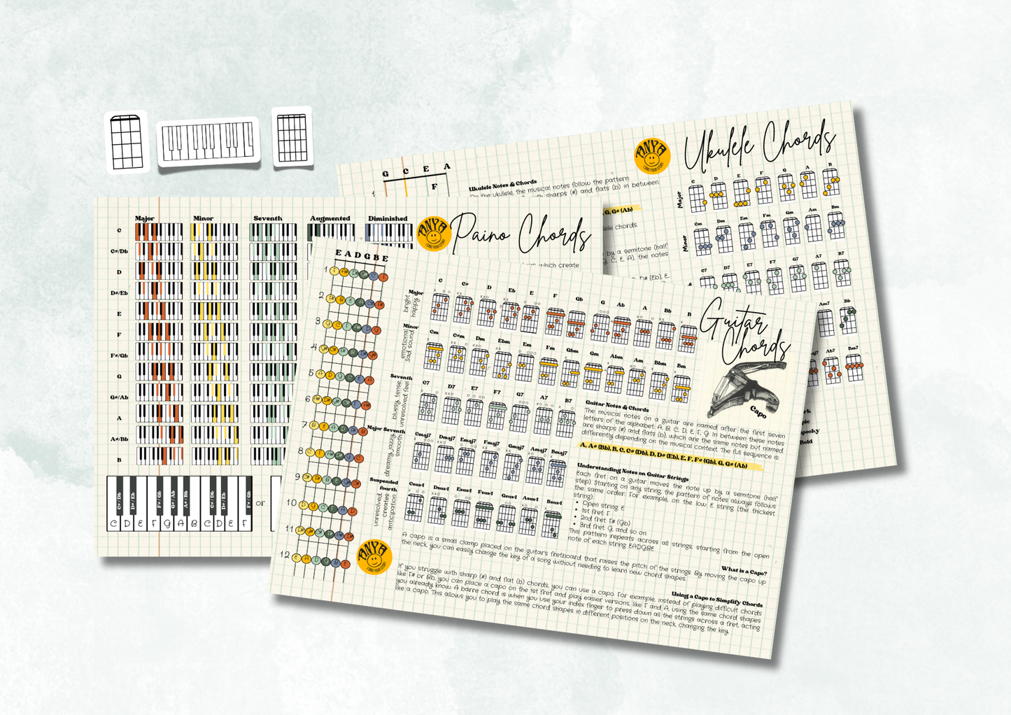 Chord Chart Bundle for Piano, Ukulele & Guitar + Blank Chord Stickers