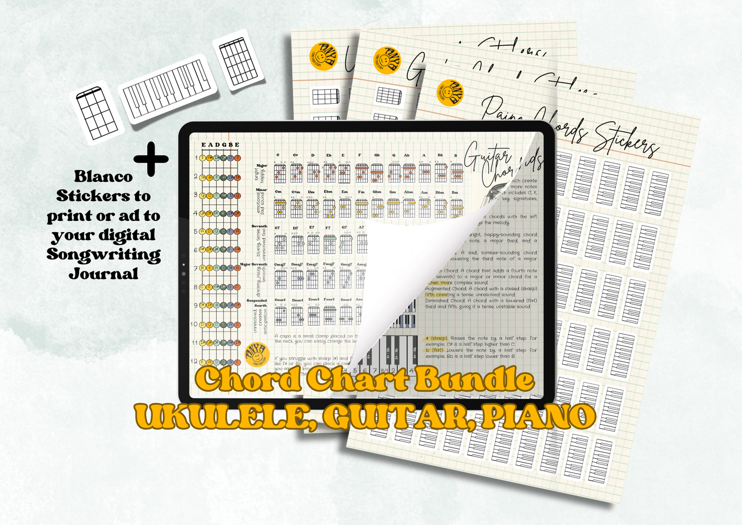 Chord Chart Bundle for Piano, Ukulele & Guitar + Blank Chord Stickers