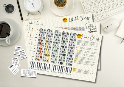 Chord Chart Bundle for Piano, Ukulele & Guitar + Blank Chord Stickers